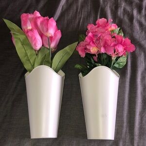 Elegant Light Cream Metal Wall Vases with Pink Flowers